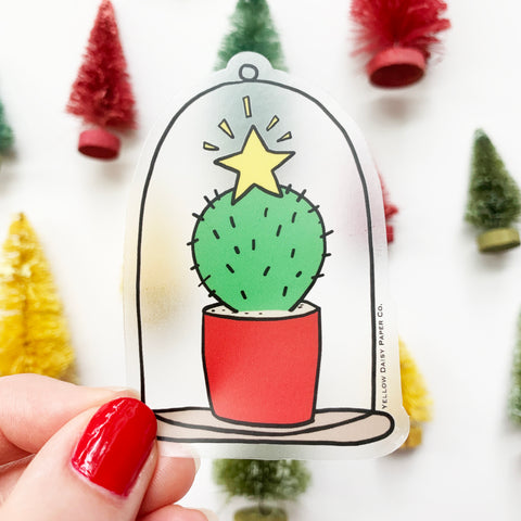 Christmas Cactus Sticker Clear Vinyl Holiday Sticker. Desert Succulent Cactus Sticker. Gift Under 5. Laptop Sticker Holiday.