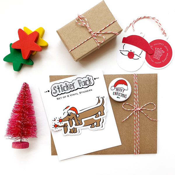 Dachshund Dog Christmas Sticker, Waterproof Vinyl Dog Holiday Sticker, Wrapping, Laptop, Water Bottle, Journal Sticker, Gift Under 5.
