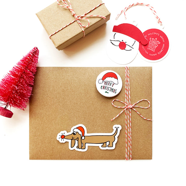 Dachshund Dog Christmas Sticker, Waterproof Vinyl Dog Holiday Sticker, Wrapping, Laptop, Water Bottle, Journal Sticker, Gift Under 5.