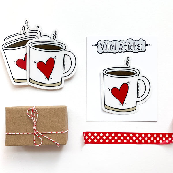 Heart Coffee Mug Clear Vinyl Sticker. Clear Coffee Sticker with Red Heart. 3in Sticker. Coffee Gift