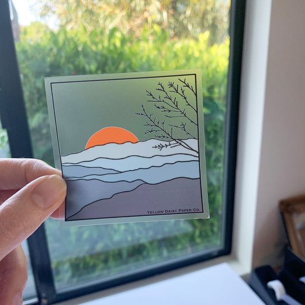 Mountain Sunrise Sticker, Clear Vinyl Laptop Sticker. Window Decal - NEW